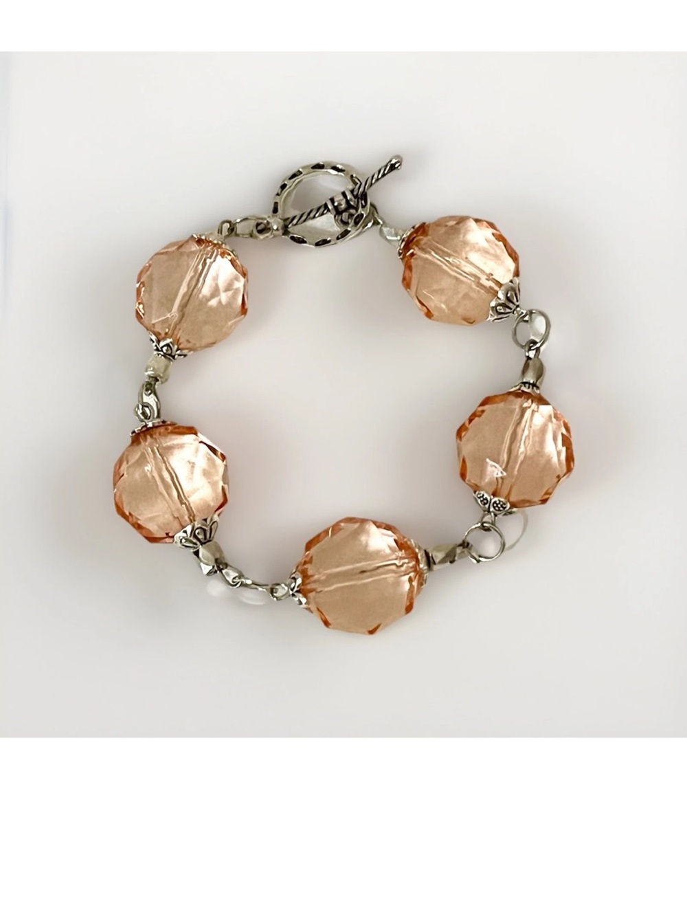 Handmade Peach Pink Faceted Bead Bracelet Silver Tone Chunky Toggle Clasp